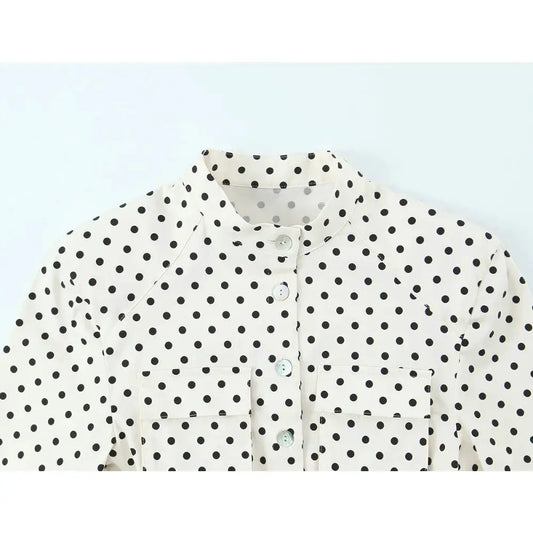 Elegant Chic Fitted Polka Dot 2 Piece Sets for Women Spring New Matching Sets Polka Dot Shirt Jacket with Tie Belt + Capri Pants by All Mart Bristol Ltd