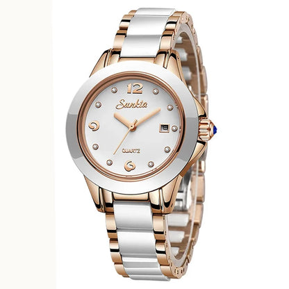 Sunkta Fashion Casual Quartz Woman Watch Elegant Luxury Ceramics Diamond Calendar Waterproof Ladies Women's Watches Montre Femme by All Mart Bristol Ltd