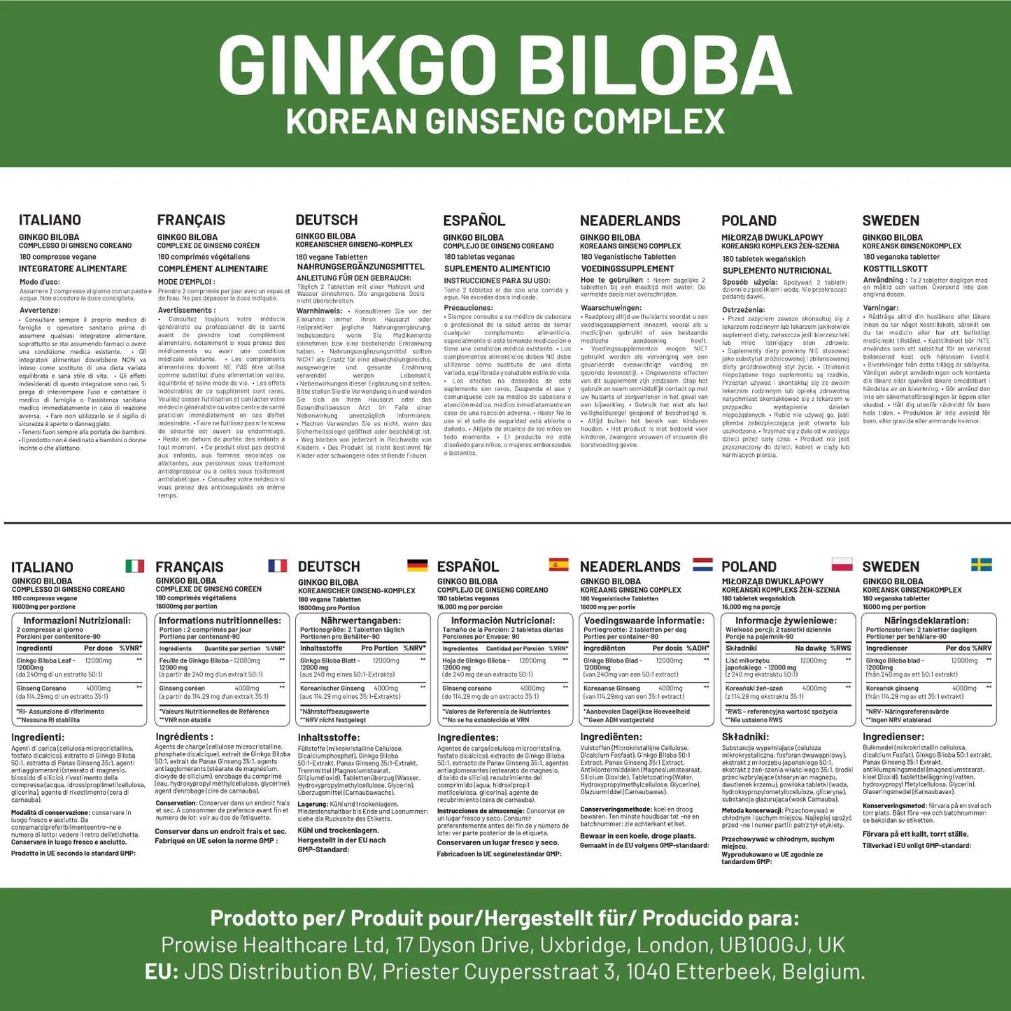 Ginkgo Biloba and Korean Ginseng Tablets 16000mg 180 Vegan Tablets by Prowise by Prowise Healthcare