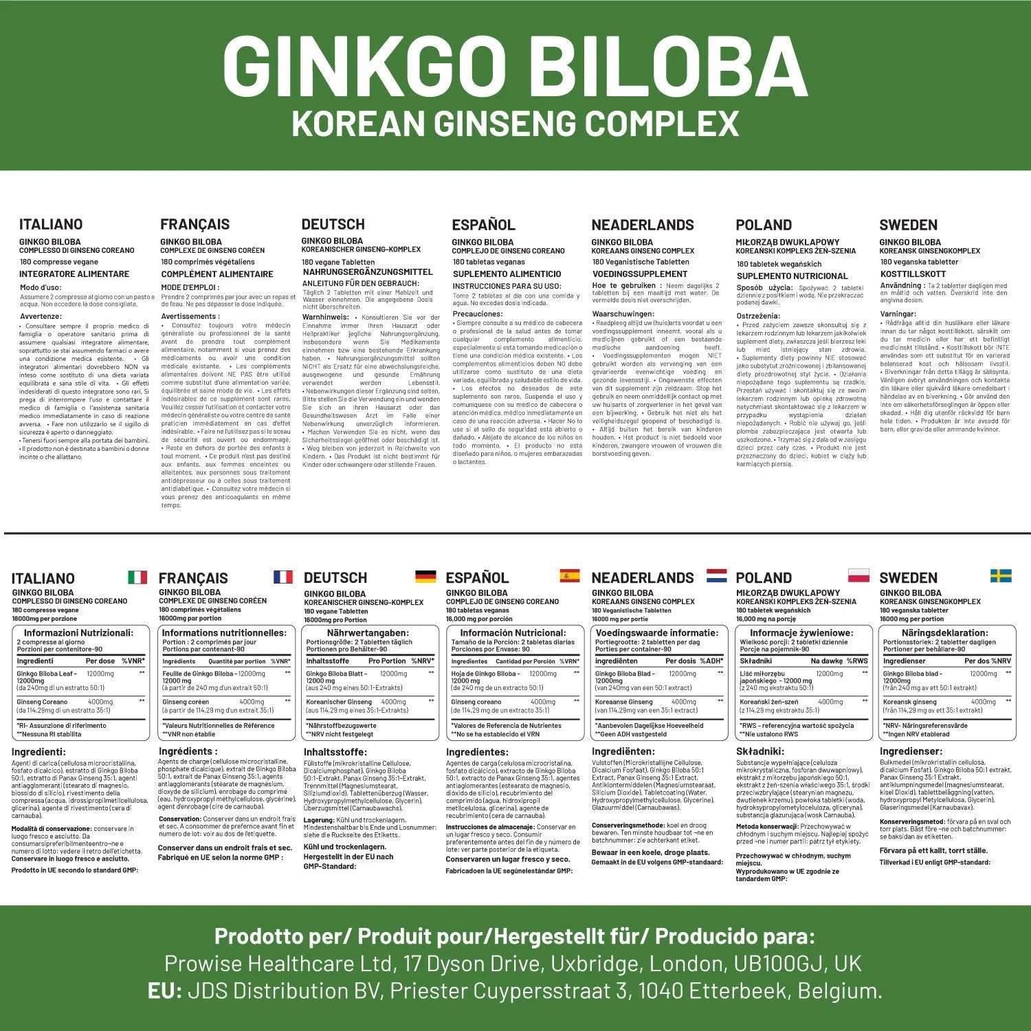Ginkgo Biloba and Korean Ginseng Tablets 16000mg 180 Vegan Tablets by Prowise by Prowise Healthcare