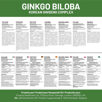 Ginkgo Biloba and Korean Ginseng Tablets 16000mg 180 Vegan Tablets by Prowise by Prowise Healthcare