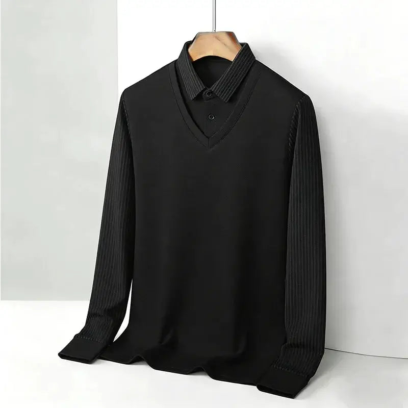 Men's Fake Two Piece Shirt Collar V Neck Long Sleeve Top Khaki Striped Casual Fashion Soft Fabric Daily Wear Blouse by All Mart Bristol Ltd