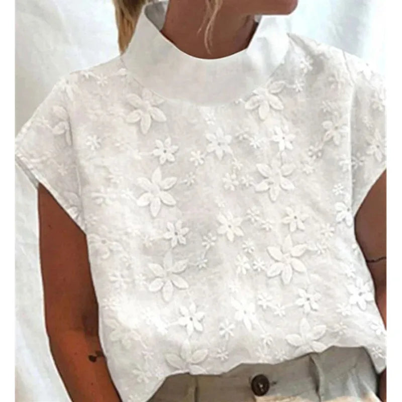 Women's Cotton Linen Pullover Shirt, Elegant Lace Trim Slim Fit Stand Collar Top for Summer Streetwear by All Mart Bristol Ltd