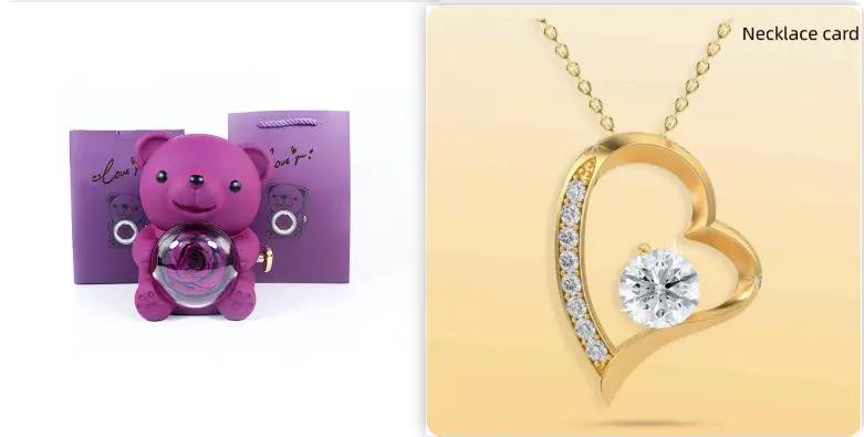Rotating Bear Gift Box Eternal Rose Teddy Bear Jewelry Box With Necklace Valentine Wedding Special Present For Girlfriend Anniversary Gift Jewelry Box by Dropshipman