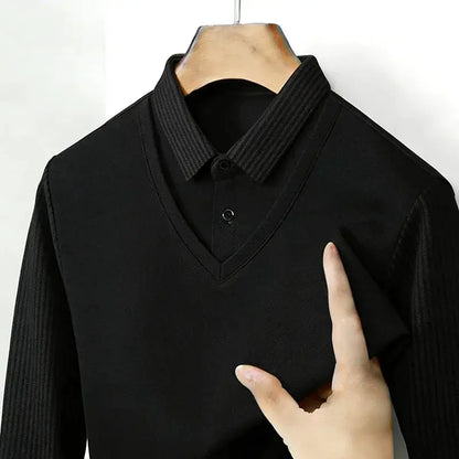 Men's Fake Two Piece Shirt Collar V Neck Long Sleeve Top Khaki Striped Casual Fashion Soft Fabric Daily Wear Blouse by All Mart Bristol Ltd