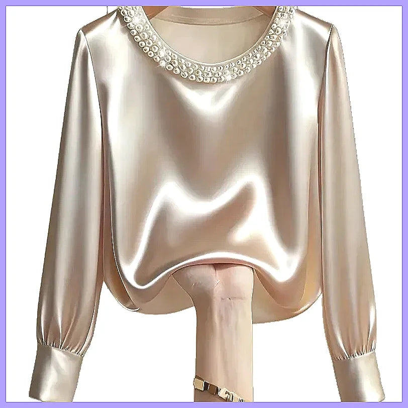 Elegant Beaded Satin Blouse for Women, Loose Fit Long Sleeve Silk Shirt Tops by All Mart Bristol Ltd