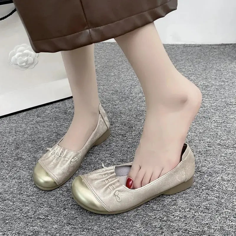 Chinese Style Color Block Slip-on Flats, Low Heel Comfortable Versatile Work Shoes for Women by All Mart Bristol Ltd