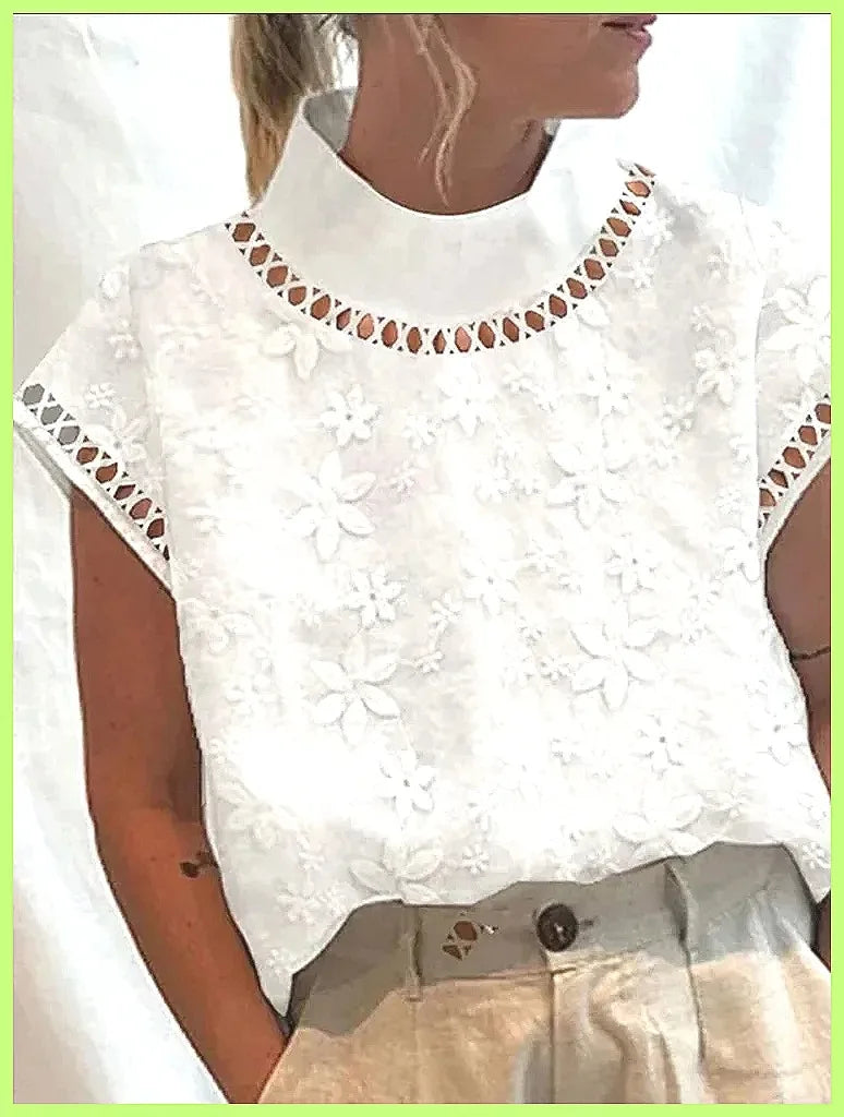 Women's Cotton Linen Pullover Shirt, Elegant Lace Trim Slim Fit Stand Collar Top for Summer Streetwear by All Mart Bristol Ltd