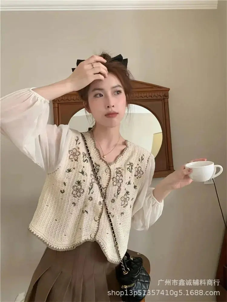 New Embroidered Lace Collar Short-Sleeved Chiffon Blouse for Women - Minimalist Chic Style, with Open and Loose Fit Top. by All Mart Bristol Ltd