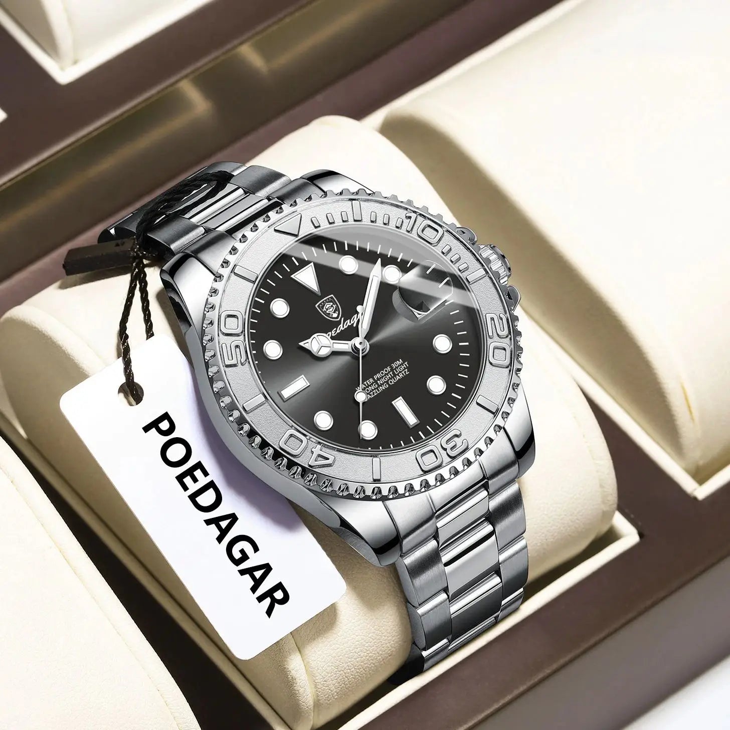 POEDAGAR Trendy Sport Man Watch Luminous Waterproof Stainless Steel Date Men Wristwatch Luxury Business Men's Quartz Watches+Box by All Mart Bristol Ltd