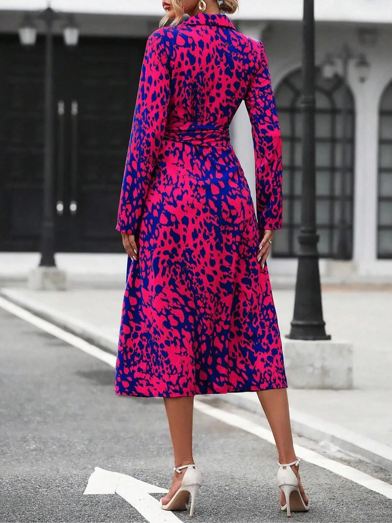 Women'S Spring Autumn Elegant Boho Casual Wear Geometric Tie Dye Print Button Front Belt Midi Dress, Long Sleeve Fitted Design, Multiple Color Options, Womenswear by All Mart Bristol Ltd