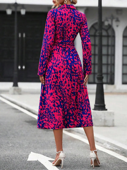 Women'S Spring Autumn Elegant Boho Casual Wear Geometric Tie Dye Print Button Front Belt Midi Dress, Long Sleeve Fitted Design, Multiple Color Options, Womenswear by All Mart Bristol Ltd