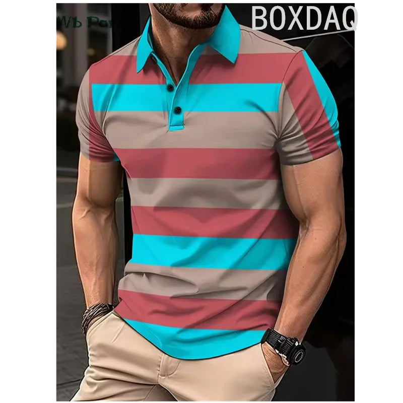 Classic Striped Print Polo Shirt Men's Business Casual Tops Simple Basic Polos Men Summer Big Size Short Sleeve Lapel Polo Shirt by All Mart Bristol Ltd