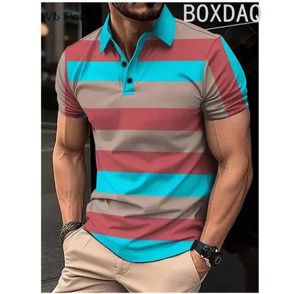 Classic Striped Print Polo Shirt Men's Business Casual Tops Simple Basic Polos Men Summer Big Size Short Sleeve Lapel Polo Shirt by All Mart Bristol Ltd