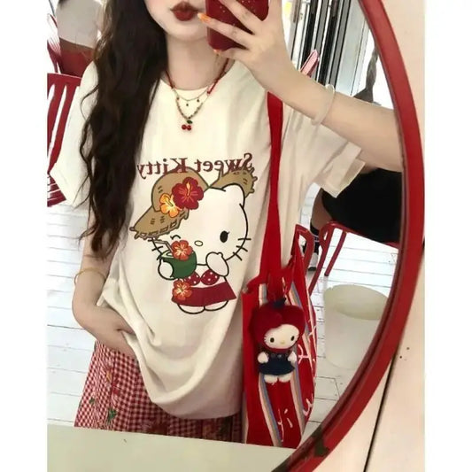 Short-Sleeved T-Shirt Summer New Hello Kitty Printed Cartoon Cute Sanrio Half-Sleeved T-Shirt Pure Cotton Shirt Women's Tops by All Mart Bristol Ltd