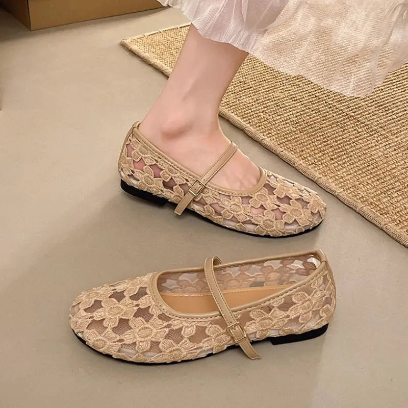 Women's Ballet Flats Ballerina Shoes 2026 Summer New Comfortable Embroidered Mesh Buckle Strap Elegant Shoe by All Mart Bristol Ltd