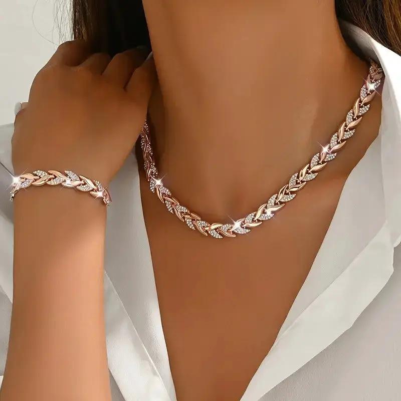 2PCS Glass Leaf Necklace Set Elegant Rhinestone Chain Necklace Bracelet For Women Fashion Luxury Jewelry Set by Dropshipman