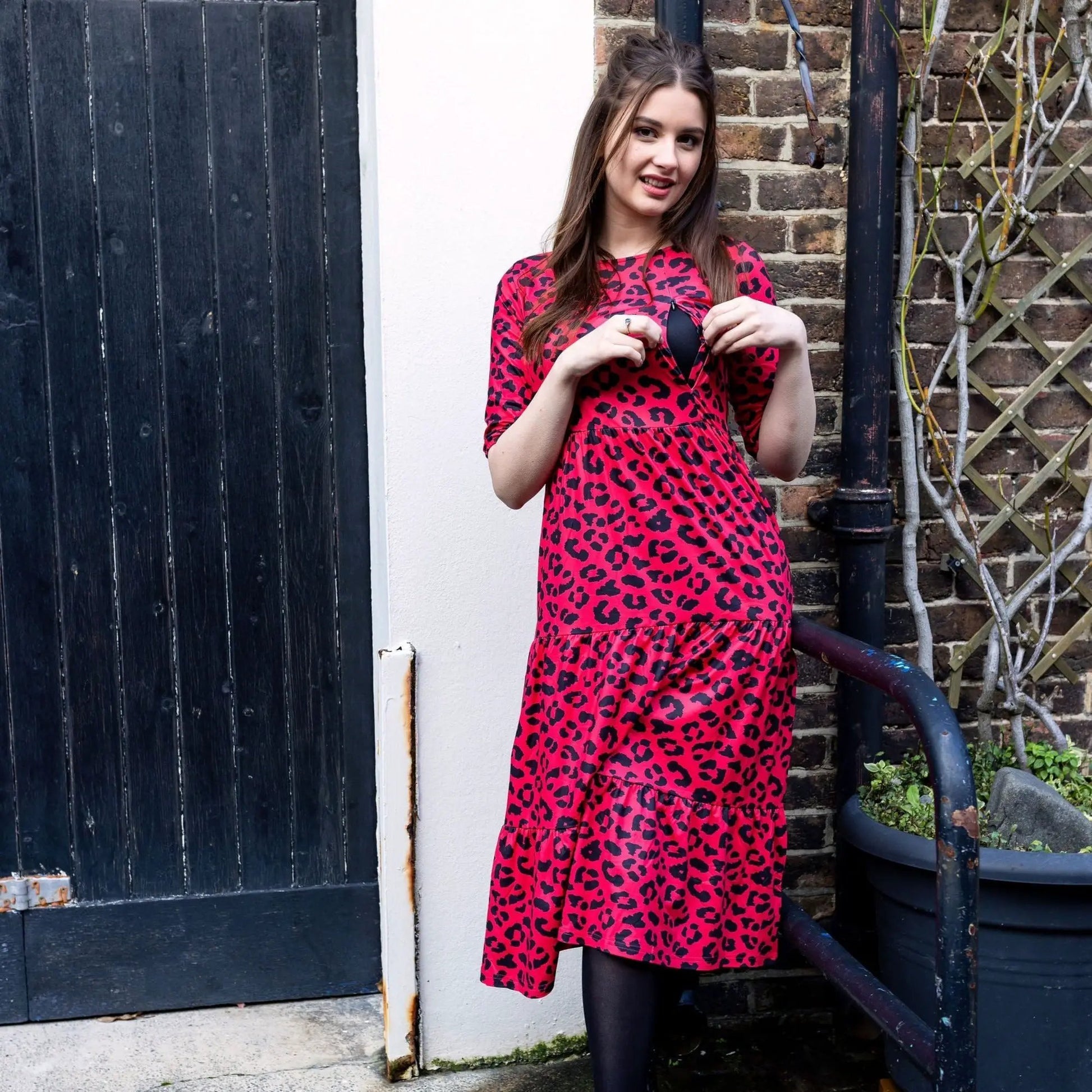 The Midi Breastfeeding Dress - Red Leopard by Stylish Mum