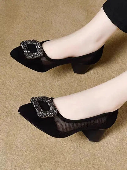 Elegant Pointed Toe Mesh Block Heel Pumps, Rhinestone Square Buckle Decorated Shallow Shoes, Breathable Office Shoes for Women by All Mart Bristol Ltd