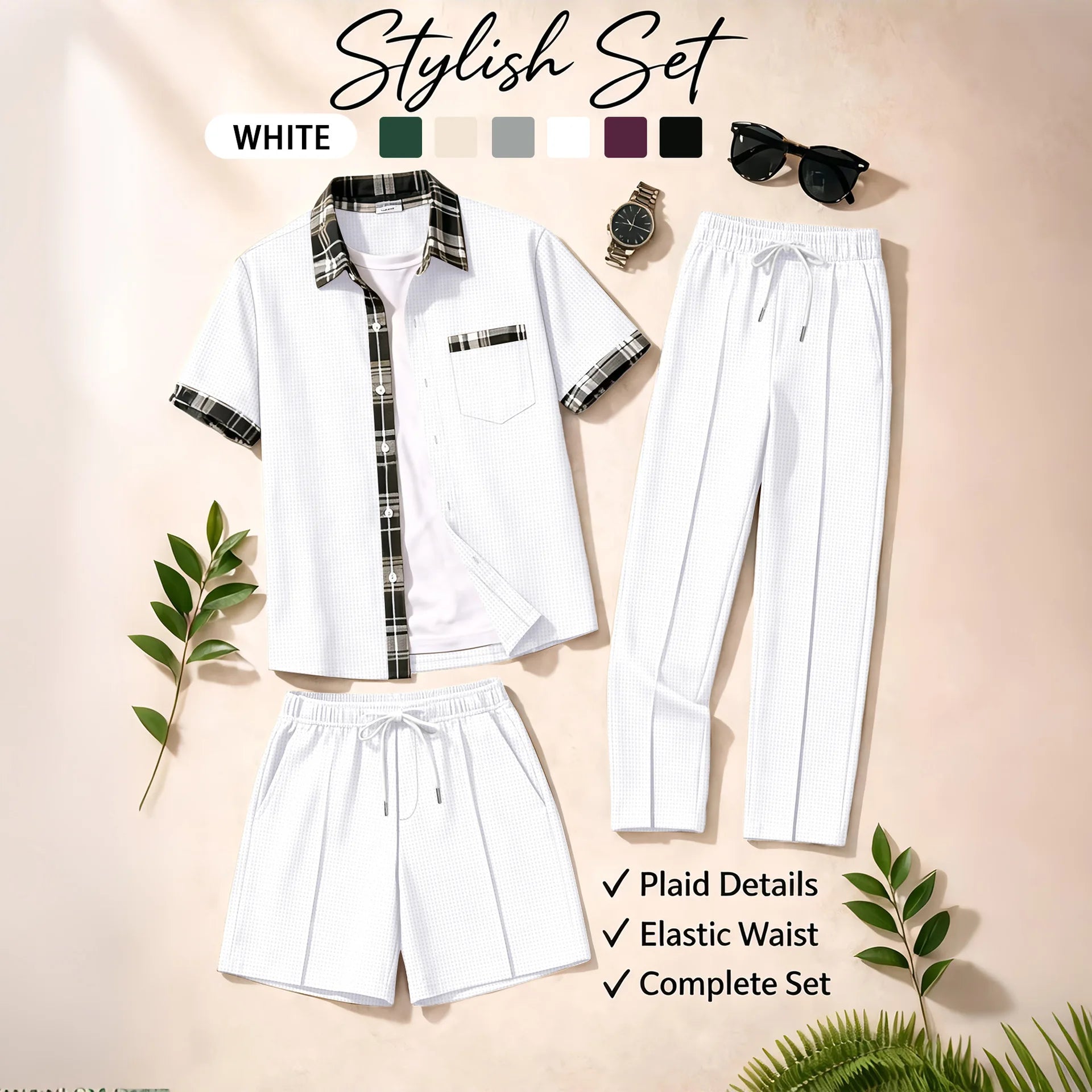 Men's 3 Piece Waffle Knit Tracksuit | Plaid Trim Button Up Shirt & Elastic Waist Shorts & Pants Set | Casual Stylish Outfit for by All Mart Bristol Ltd