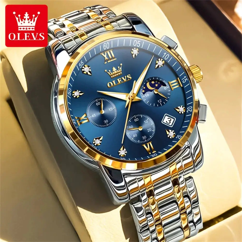 OLEVS Popular men's watches stainless steel black Moon Phase Chronograph quartz watch for man date Original brand wristwatch by All Mart Bristol Ltd