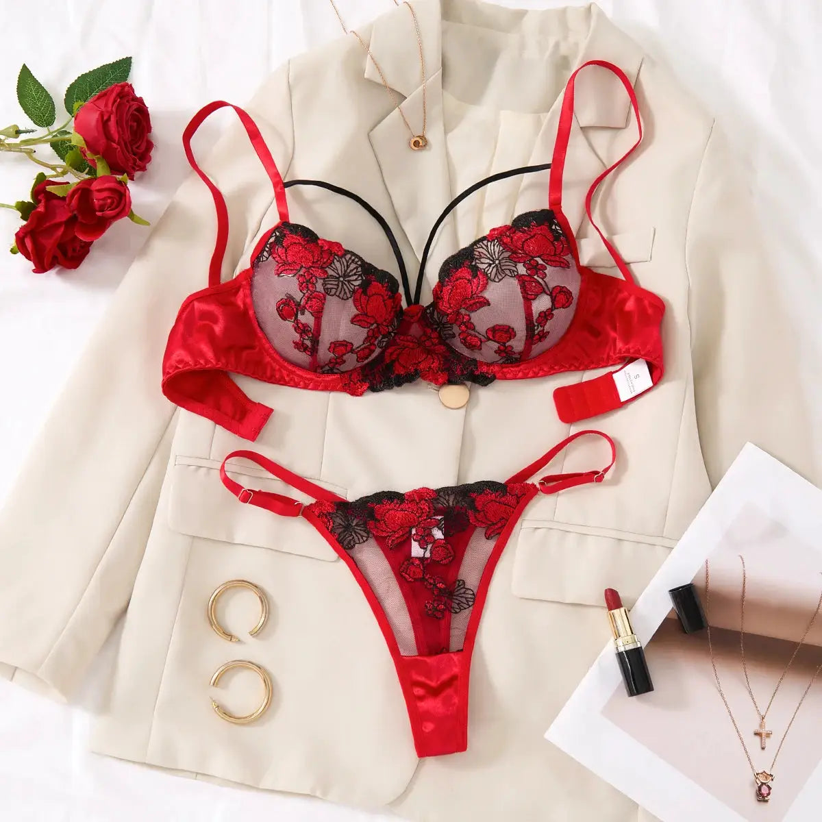 A set of sexy Red lingerie, including a bra and panties with daisy patterns, as well as a comfortable home-style ZA825127 by All Mart Bristol Ltd