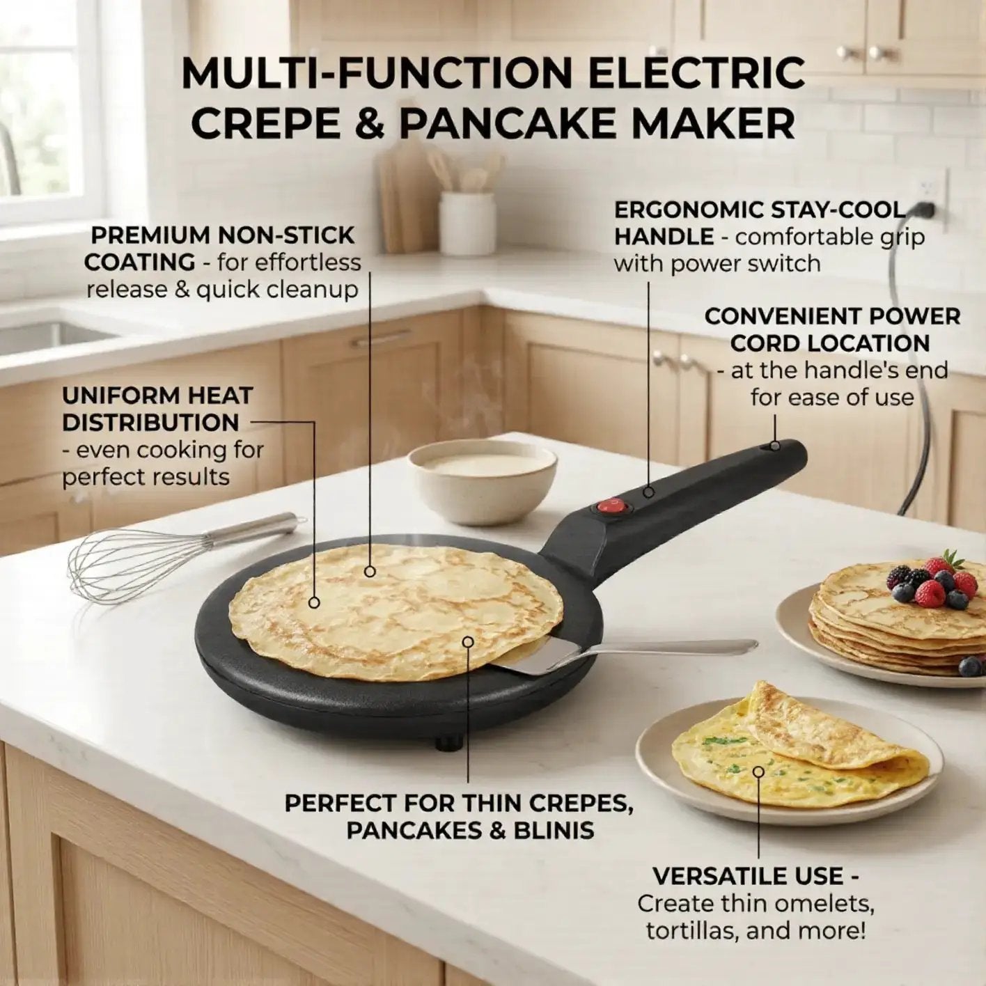 Multi-Function Pancake Maker, Non-Stick Crepe Maker & Crepe Machine - Non-Stick Heating Plate with LED Indicator Light, Easy to Clean, Compact Home Breakfast Machine by All Mart Bristol Ltd
