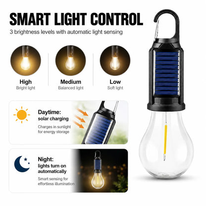 Solar LED Hanging Light, Portable Camping Lantern with Hook, USB Rechargeable & Solar Powered, Waterproof Outdoor Bulb with Warm LED Light, Adjustable Brightness for Hiking, Emergency, Tent, and Home Use