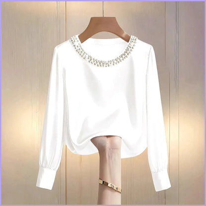 Elegant Beaded Satin Blouse for Women, Loose Fit Long Sleeve Silk Shirt Tops by All Mart Bristol Ltd