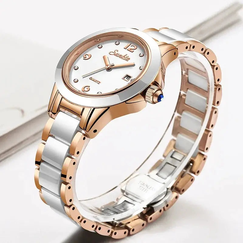 Sunkta Fashion Casual Quartz Woman Watch Elegant Luxury Ceramics Diamond Calendar Waterproof Ladies Women's Watches Montre Femme by All Mart Bristol Ltd