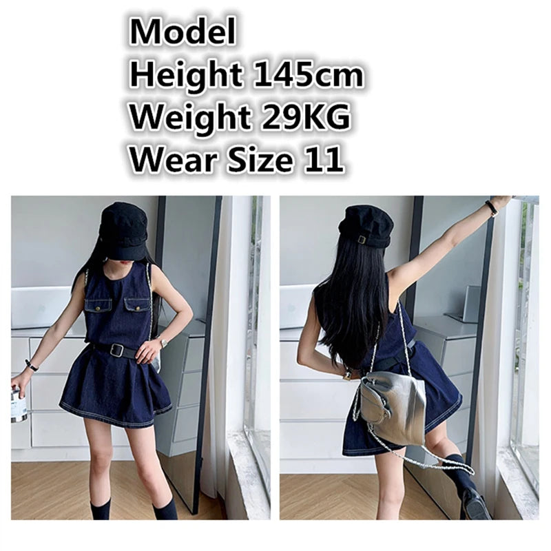 Stylish Kids Fashion Denim Bodysuit Dress for Girls Vintage Dark Blue Jeans Skirt With Belt Child Trendy Streetwear Outfit 5-14Y by All Mart Bristol Ltd