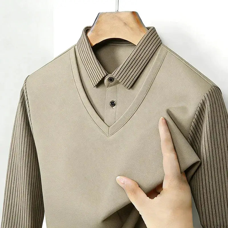 Men's Fake Two Piece Shirt Collar V Neck Long Sleeve Top Khaki Striped Casual Fashion Soft Fabric Daily Wear Blouse by All Mart Bristol Ltd