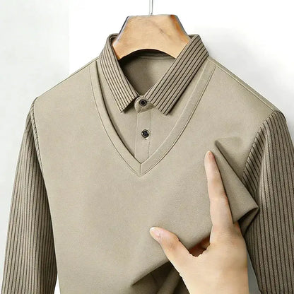 Men's Fake Two Piece Shirt Collar V Neck Long Sleeve Top Khaki Striped Casual Fashion Soft Fabric Daily Wear Blouse by All Mart Bristol Ltd