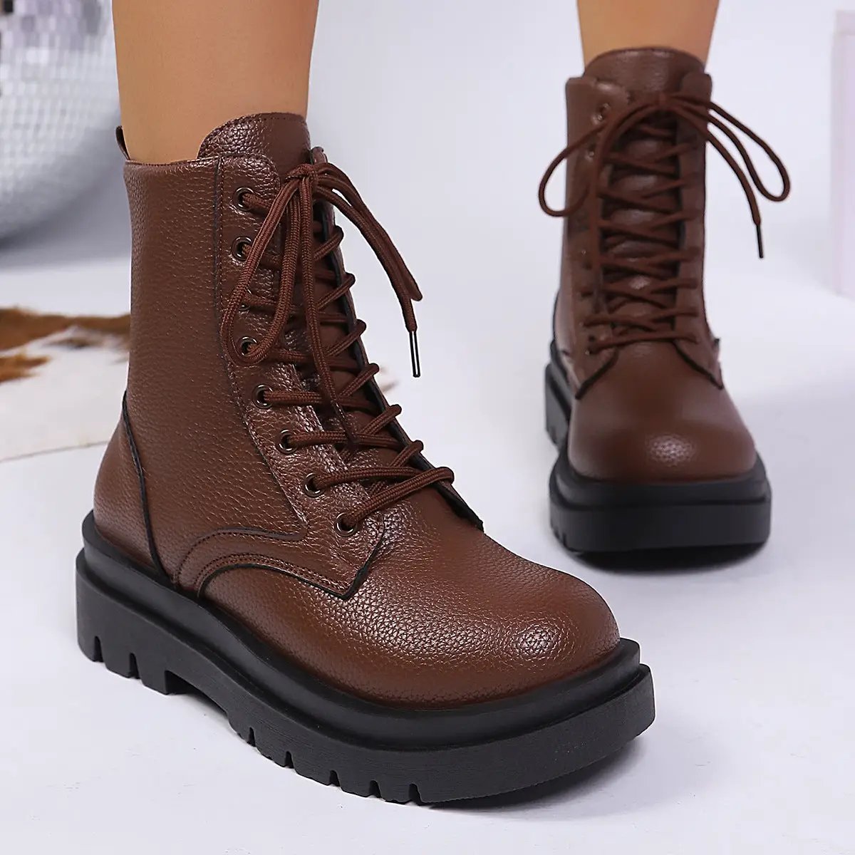 Women's Round-toe Plus-size Lace-up Chunky-sole Ankle Boots by Dropshipman