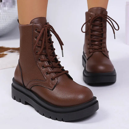 Women's Round-toe Plus-size Lace-up Chunky-sole Ankle Boots by Dropshipman