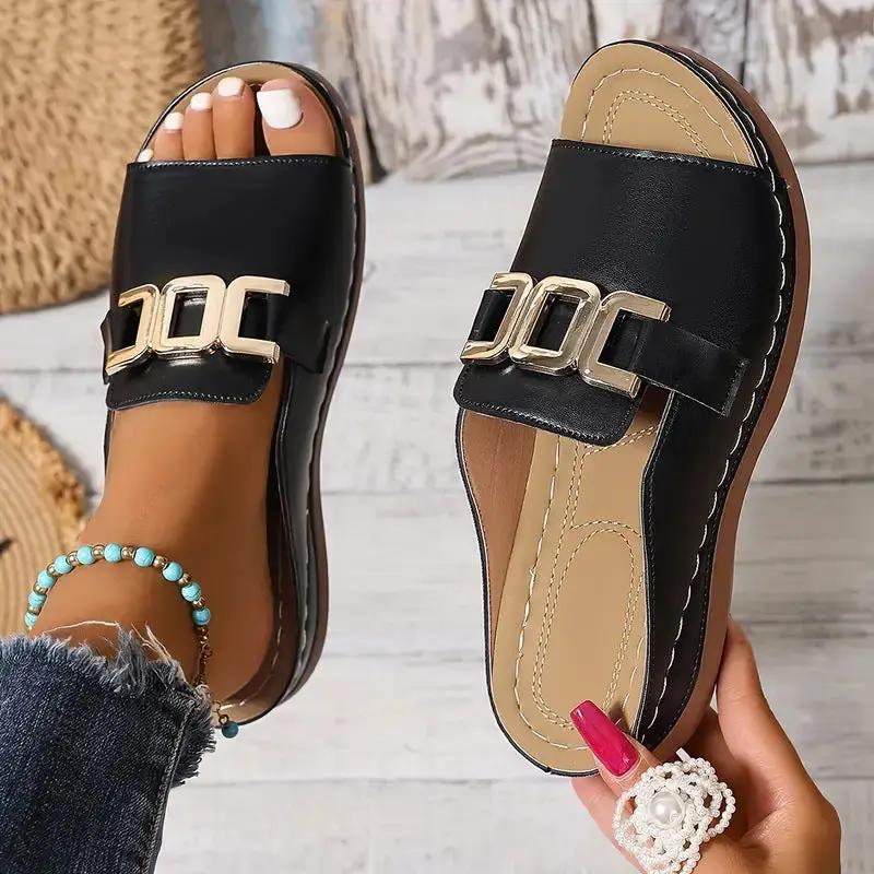Ins Chain Wedges Sandals Summer Fashion Platform Peep-toed Slides Slippers Outdoor Thick Bottom Roman Shoes For Women by Dropshipman
