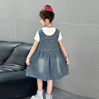 Kids Fashion Reversible Clothes Loose Fit Sleeveless Denim Vest Dress with Bow for Teens Girl Street Outfit Child Jeans Dress by All Mart Bristol Ltd