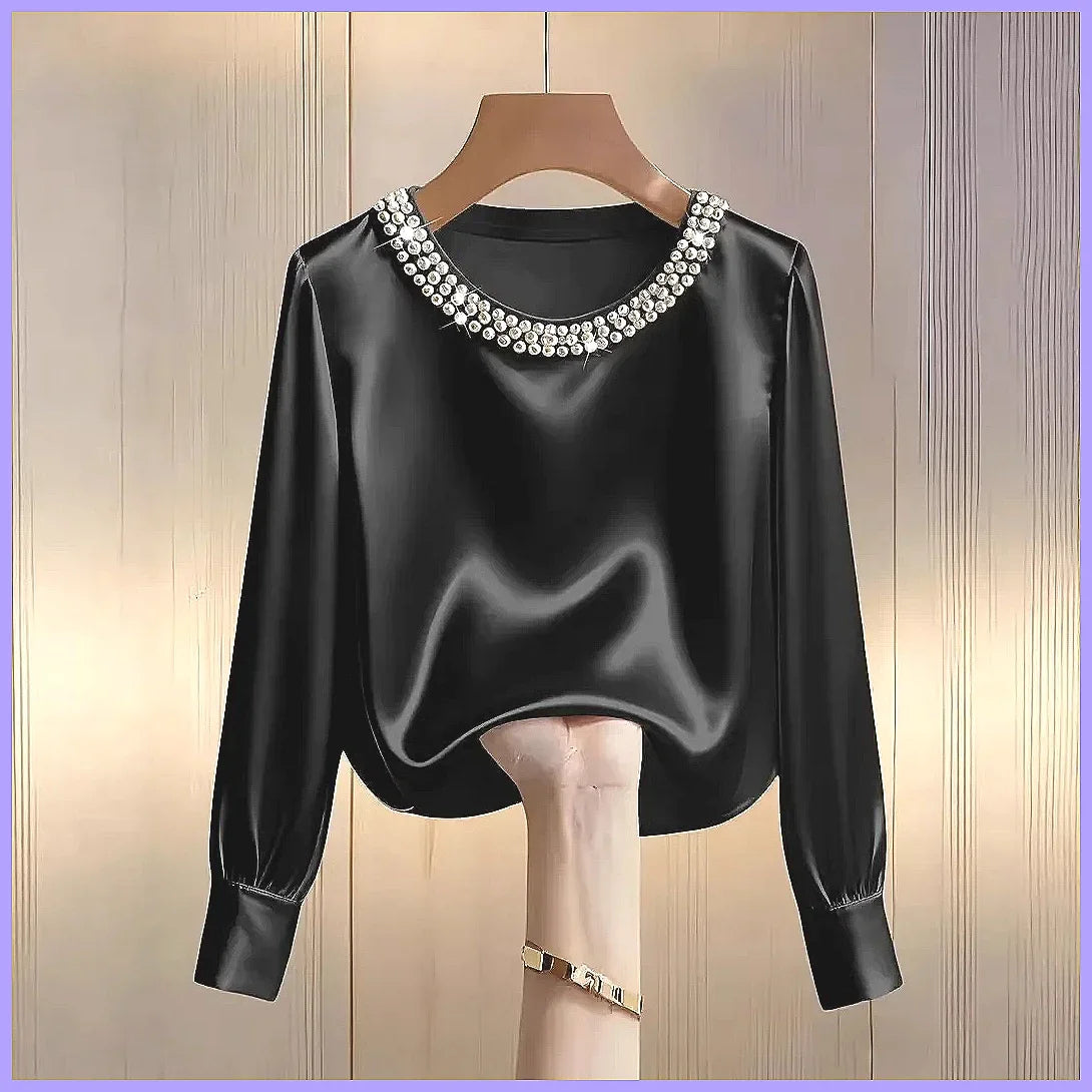 Elegant Beaded Satin Blouse for Women, Loose Fit Long Sleeve Silk Shirt Tops by All Mart Bristol Ltd