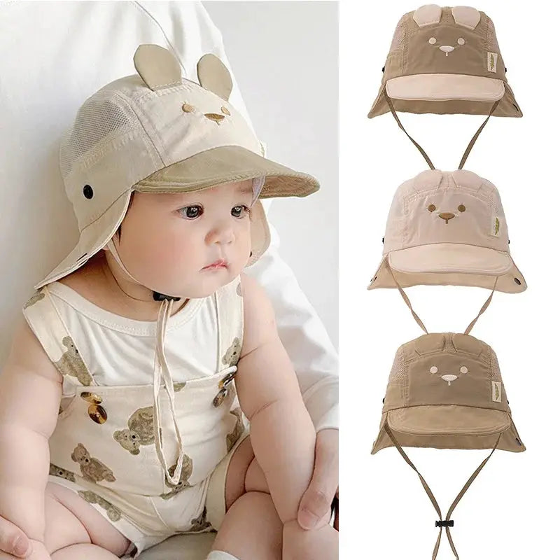 Boys Girls Neck Protection Kids Panama Hat Breathable Summer Baby Hat Cartoon Bear Ear Embroidery Quick Dry Fisherman Hats by All Mart Bristol Ltd