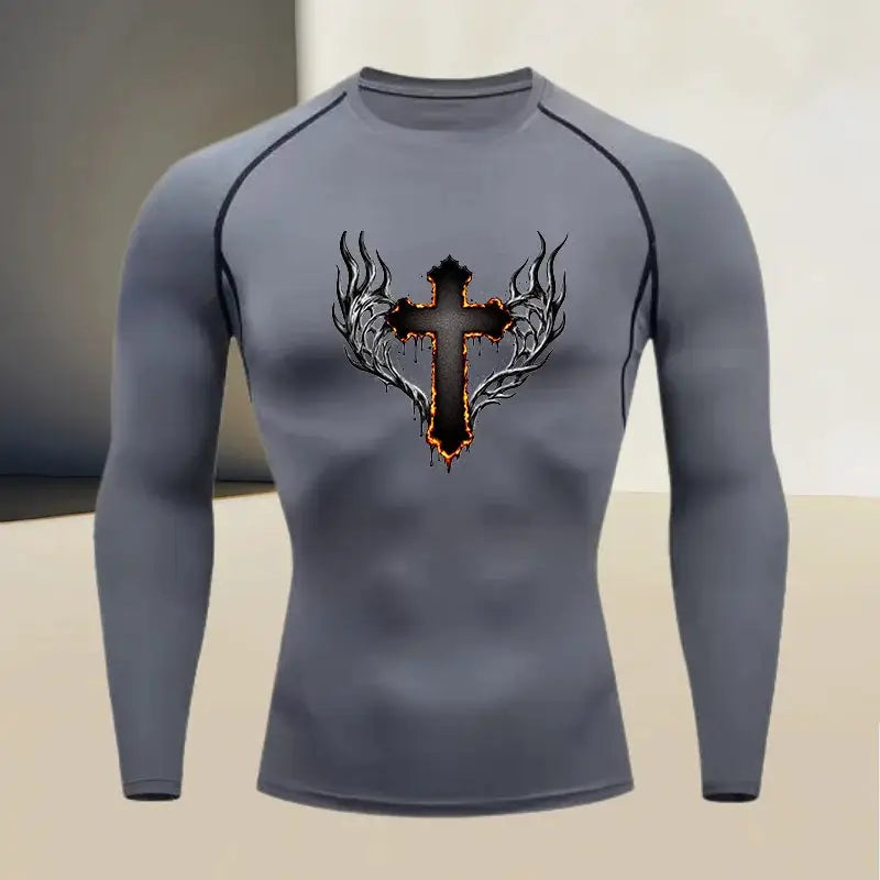 Men's round neck quick drying compression long sleeved printed top - a must-have for high stretch fitness and outdoor sports by All Mart Bristol Ltd