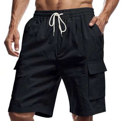Loose Sports And Leisure Solid Color Linen Drawstring Shorts by Dropshipman