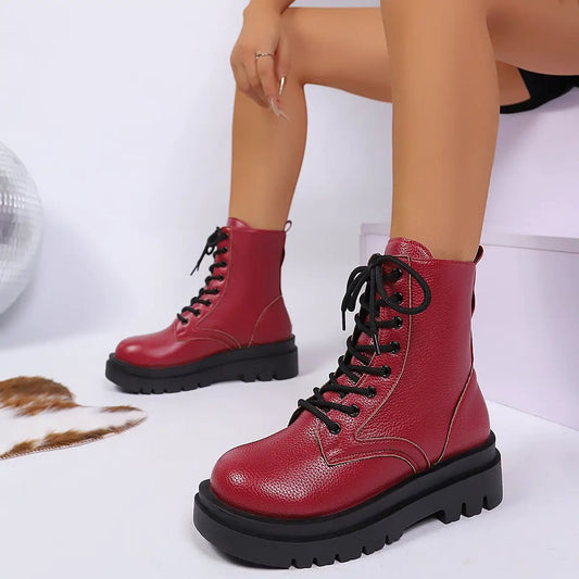 Women's Round-toe Plus-size Lace-up Chunky-sole Ankle Boots by Dropshipman