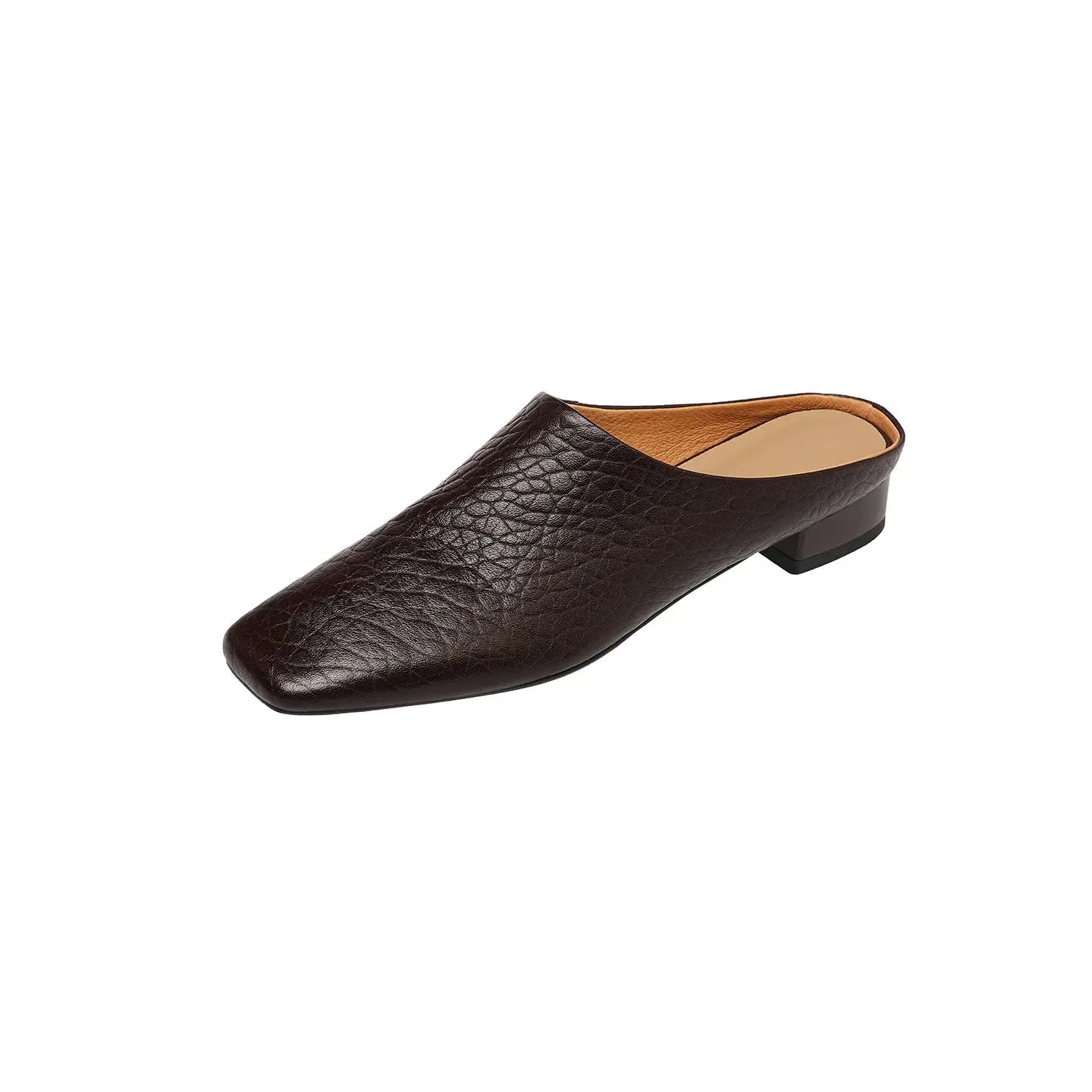 Women's Premium Full-Grain Cowhide Square Toe Mules, Low Block Heel Slip-On Backless Shoes by Dropshipman
