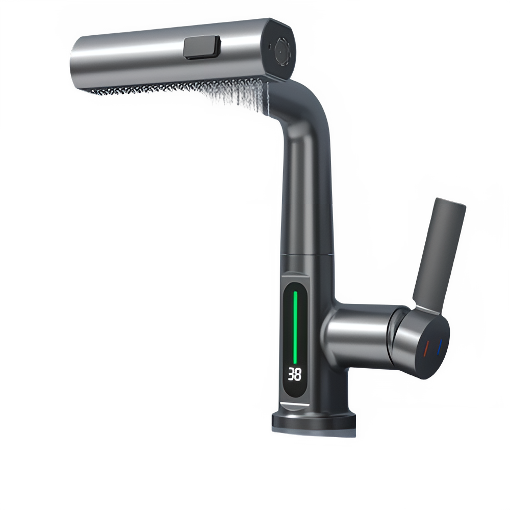 Waterfall Temperature Digital Display Basin Faucet Lift Up Down Stream Sprayer Hot Cold Water Sink Mixer Wash Tap For Bathroom by All Mart Bristol Ltd