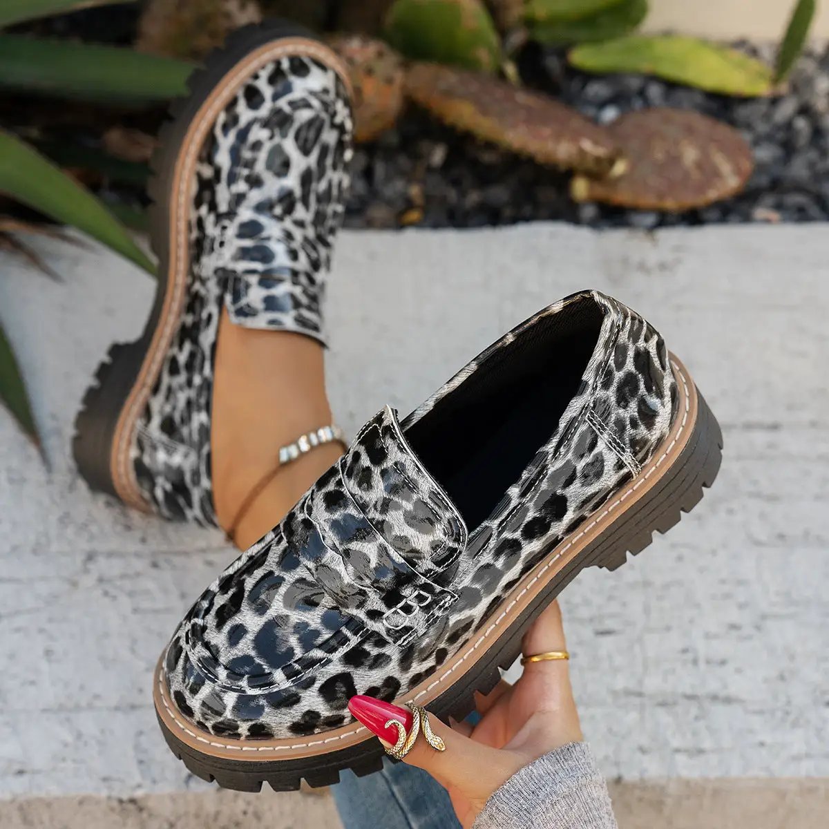 New Autumn Leather Belt-Buckle Patent Leather Leopard-Print Vintage Womens Shoes by Dropshipman