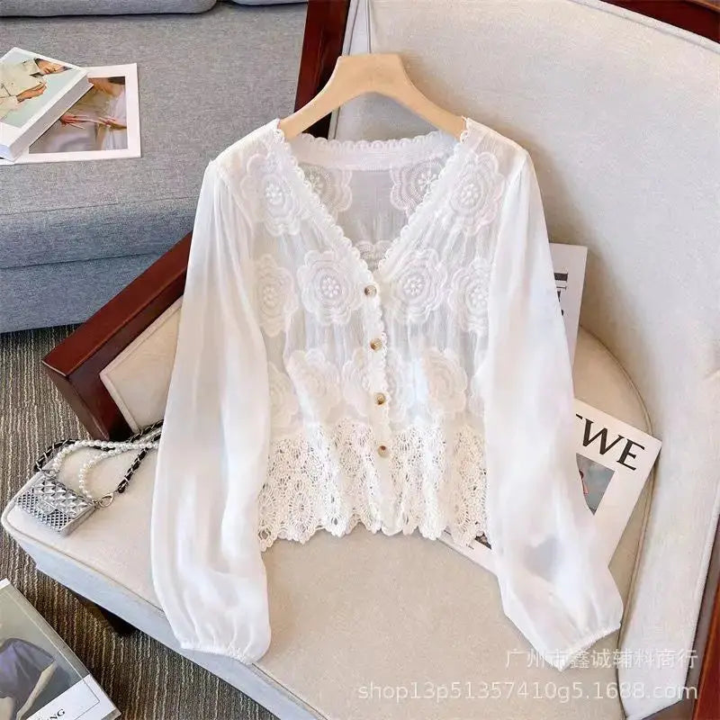 New Embroidered Lace Collar Short-Sleeved Chiffon Blouse for Women - Minimalist Chic Style, with Open and Loose Fit Top. by All Mart Bristol Ltd