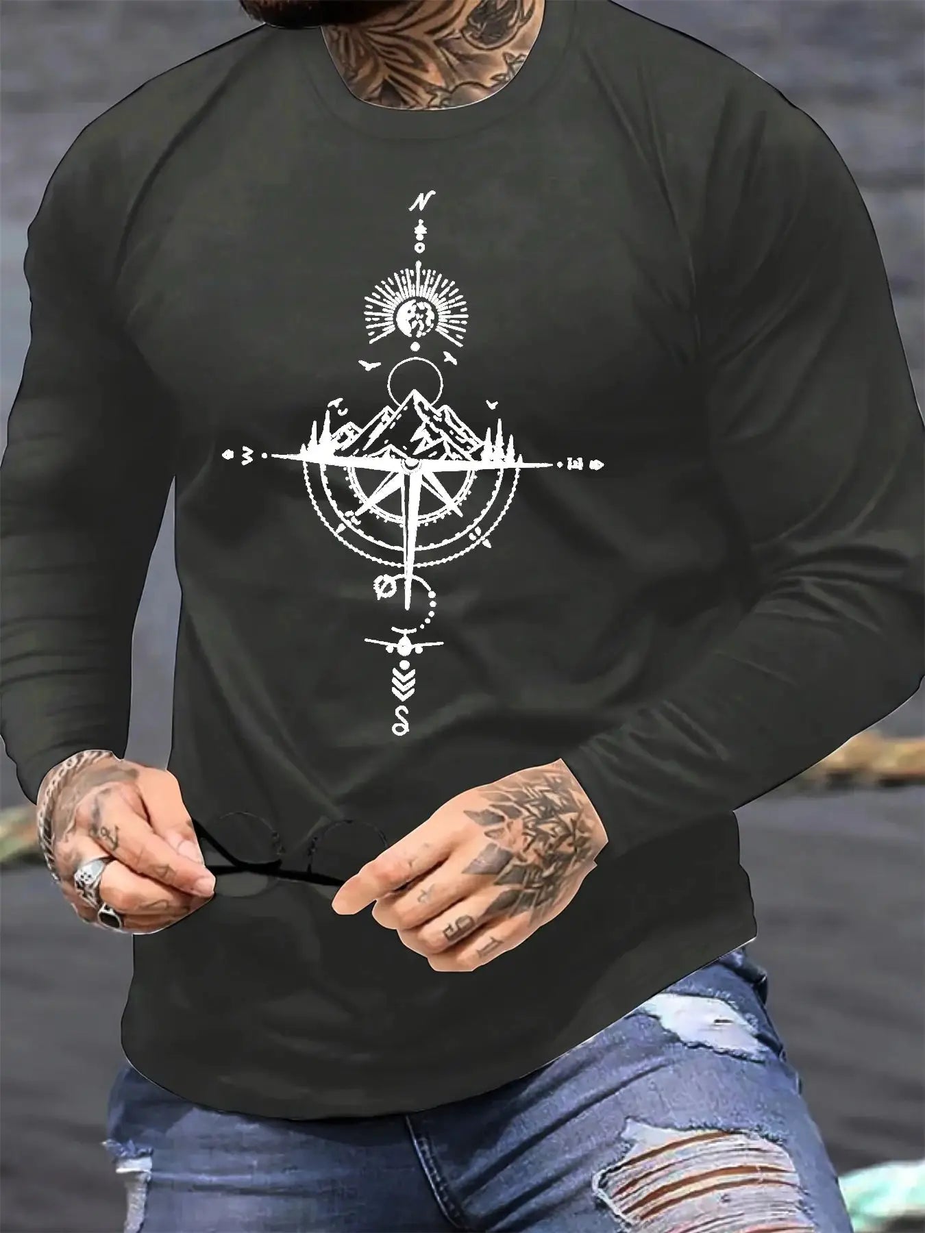 100% pure cotton men's long sleeved round neck loose casual mountain and compass printed spring and autumn versatile T-shirt by All Mart Bristol Ltd