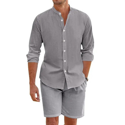 Summer Short Shirt Suit Fashion Lapel Button Down Short Sleeve Top And Drawstring Shorts Beach Clothing For Men by Dropshipman
