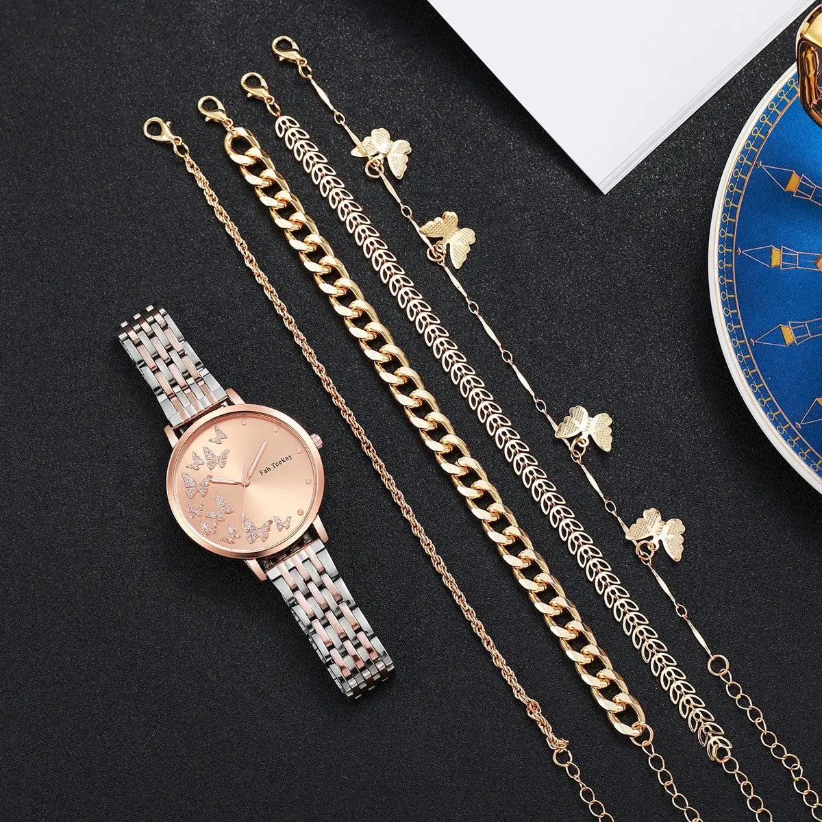 No gift box Fashion women's steel strap watch leisure butterfly diamond face quartz watch butterfly jewelry 5 piece set by All Mart Bristol Ltd