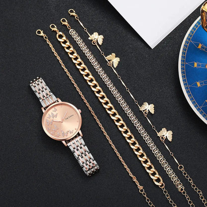 No gift box Fashion women's steel strap watch leisure butterfly diamond face quartz watch butterfly jewelry 5 piece set by All Mart Bristol Ltd